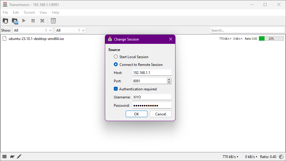 윈도우즈 11, 트랜스미션 클라이언트에서 서버 정보 입력 화면