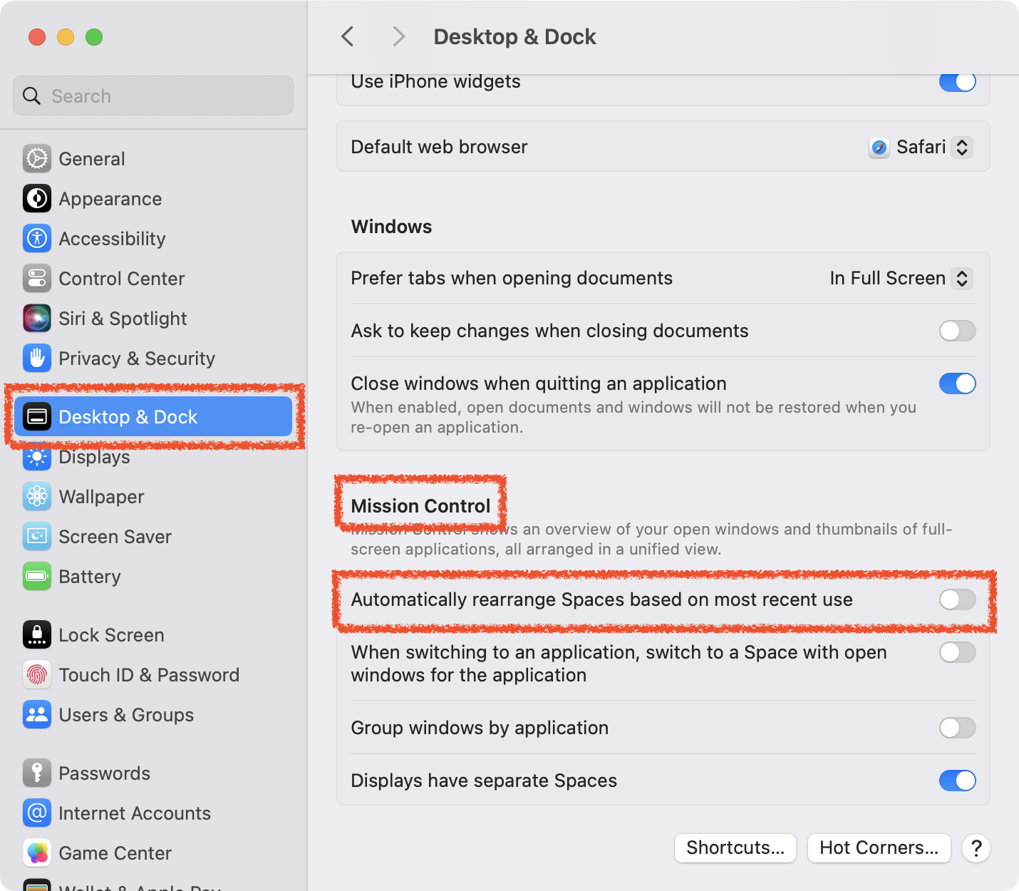 Mission Control Options Settings Screen